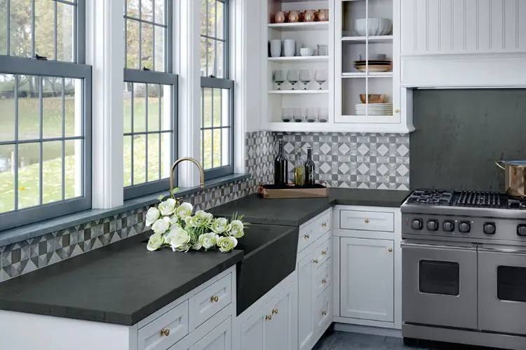 Soapstone backsplash in kitchen